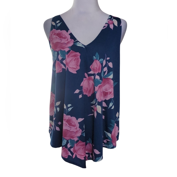 First Love Tops - First Love Navy and Pink Floral Tank Top Size l